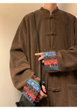 AIDASE  -  Splicing Button Up Shirt Men's Chinese Style Stand Collar Corduroy Jacket Men's Spring Autumn Casual Rolled Edge Tunic Jacket aidase-shop