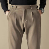 AIDASE  -  Korean Fashion Woolen Suit Pant Men Waist Button Straight Trouser Autumn Winter Business Casual Loose Light Mature Style Pants aidase-shop
