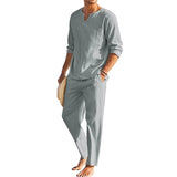 AIDASE  -  Men s Summer Cotton Linen Clothes Solid Color Long Sleeve Henley Shirt Elastic Waist Drawstring Pants 2 Pieces Loungewear Set aidase-shop