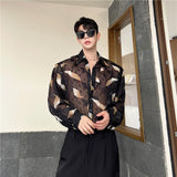 Aidase Men Sexy Feather Hollowed Out Shirt Men's Lapel Long Sleeved Transparent Clothing Streetwear Casual Loose Trendy Design Tops