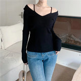 AIDASE  -  Women V-Neck Slim Fit Off Shoulder Pullovers Spring Autumn Hollow Out Backless Knit Sweater Top Slim Sexy Knitwear Top aidase-shop