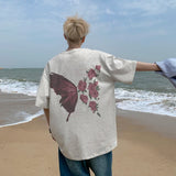 AIDASE  -  American Retro Butterfly Flower Printed T-shirt Loose Casual Round Neck Short Sleeve Couple Dress Half Sleeve Tops aidase-shop