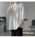 AIDASE  -  Spring Summer Men's Ice Silk T-shirts Women Oversized Plaid T-shirt Korean Style Casual Seven sleeves T-Shirt Male aidase-shop