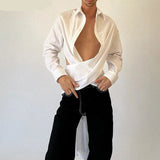 AIDASE  -  Tops American Style Fashion Sexy Men Deconstructive Backless Bow Shirts Casual Male Solid Loose Long Sleeved Blouse