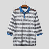 AIDASE  -  Men Shirt Striped Patchwork See Through Lapel Half Sleeve Hollow Out Male Shirts Streetwear Tops Fashion Men Clothing aidase-shop