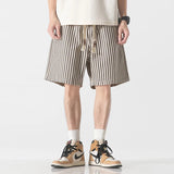 AIDASE  -  Korean Simplicity Summer Casual Shorts Men's Striped Elastic Waist Drawstring Pockets Youthful Vitality Loose Knee Length Pants aidase-shop