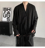 AIDASE  -  Spring New Jacquard Long Sleeved Design Loose Men's Shirt Solid Color V-neck Solid Color Male Tops aidase-shop