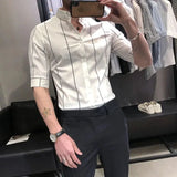 Aidase Fashion Men Shirt Elastic Korean Version Trend Striped Long-Sleeved Shirt Basic Hot Free Casual Dress Short-Sleeved Shirt aidase-shop