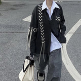 Aidase Unisex Vintage Punk Black Shirt Coat Men Women Spring Autumn Japanese Harajuku Tie Rope Top Versatile High Street Shirt aidase-shop