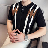 AIDASE  -  Contemporary Men's Polo: White Shirt with Earth-Tone Geometric Lines | Office-to-Outing Versatility M-4XL aidase-shop