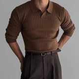AIDASE  -  Men's Spring and Autumn Wear Solid Color Sweater Striped Stretch Lapel PulloverPOLOShirt aidase-shop