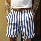 AIDASE  -  Retro Vertical Stripe Men Suit Shorts Front Pleat Cuffed Hem Straight Knee Length Summer Daily Beach Casual Short Pants aidase-shop