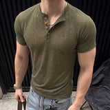 AIDASE  -  Mens Lyocell Tencel Henley Polo Shirt Half Button Up Slim Fit Muscle Tops Breathable Trendy Short Sleeve Streetwear New aidase-shop