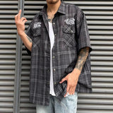 Aidase New Fashion Street Embroidered Letter Short-Sleeved Shirt Hip-Hop Casual High-Quality Plaid Lapel Half-Sleeved Tops For Men aidase-shop