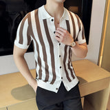 Aidase Slim Fit Men's Lapel Short Sleeve Shirt, Youth Stripes Cardigan, Stretchable, Breathable M-4XL Men's Striped Cardigan