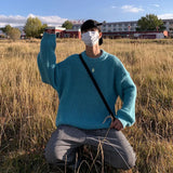 =Aidase Solid Color Basic Thick Line Sweater Male Ins Trend Net Red Multi Color Crewneck Sweater Autumn Winter Loose Pullover Sweater aidase-shop