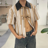 AIDASE  -  Men Shirt Striped Patchwork Lapel Short Sleeve Lace Up Men Clothing Summer Loose Streetwear Fashion Casual Tops Men aidase-shop