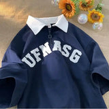 27.16Aidase Trendy hip-hop men and women American Polo shirts half zippered short sleeved couple retro student street casual T-shirt top aidase-shop