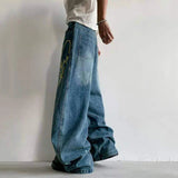 AIDASE  -  American Style Men Jeans Embroidered Letter Ink Splash Decoration Wide Leg Loose Denim Pants Summer New Fashion aidase-shop