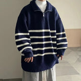 31.86Aidase Korean Half Zip Street Retro Men Lazy Style Sweater Autumn Winter Thickened Youth Stand Up Collar Sweater Striped Sweater Jacket aidase-shop