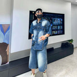 AIDASE  -  Fashion Men's Denim Suit 2025 Summer New Stylish Short Sleeve Lapel Shirt Trend Straight-leg Shorts Loose Men Suit 21E6404 aidase-shop