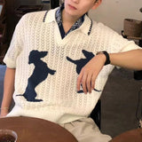 AIDASE  -  American Casual Hollow out Dog Embroidery Polo Knitted Shirt Short Sleeve T Shirt Couple Summer Breathable Top Polyester Fabric aidase-shop