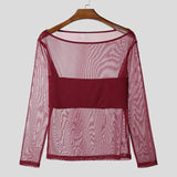 AIDASE  -  Men Off Shoulder Mesh Long Sleeve T Shirt See Through Slim Fit Muscle Tee Nightclub Party Stretch Bodycon Top aidase-shop