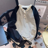 AIDASE  -  American Retro Black White Striped Contrast Sweatshirt Women Chic Hong Kong Style Spring Autumn Vintage Raglan Long-sleeved Top aidase-shop