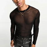 AIDASE  -  Spring New Men's Mesh T-shirts Sexy See Through Thin Tops Party Fashion Men Clothes O Neck Long Sleeve Transparent T Shirt aidase-shop