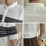 AIDASE  -  Summer New British Slim-Fitting Gray and White Striped Short-Sleeved Polo Shirt Men's T-shirt aidase-shop