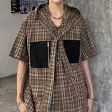 AIDASE  -  Hooded Lace-up Men's Plaid Shirt Pocket Spliced Contrast Color Design Trendy Men Casual Tops Niche Fashion Clothes aidase-shop
