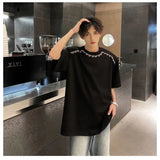 AIDASE  -  Men's White Crew Neck T-Shirt with Black Fringe Detail Casual Loose Fit Short Sleeve Top aidase-shop