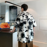 AIDASE  -  Ice Silk Men's Short Sleeved Shirt 2025 Contrast Color Print Summer Turn-down Collar Male Tops New Loose aidase-shop