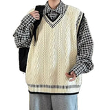 AIDASE  -  Loose Knitted Sweater Vest Twist Yarn V-neck College Style for Men And Women Autumn Winter Fashion Retro Layering Top aidase-shop