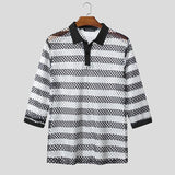 AIDASE  -  Men Shirt Striped Patchwork See Through Lapel Half Sleeve Hollow Out Male Shirts Streetwear Tops Fashion Men Clothing aidase-shop