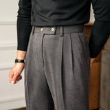 Aidase Men's Luxury Naples Slim-fit High Waist Dress Pants Fashion Solid Color British Retro Premium Elegant Woolen Leisure Trousers