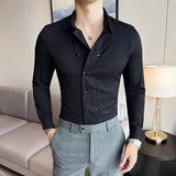 Aidase Men's Solid Color Long-Sleeved Shirt Fashionable Elegant Double-Breasted Ball Nightclub Tops Striped Lapel Shirt aidase-shop