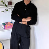 AIDASE  -  Spring Autumn Fashion Men's Polo Shirts Knitted Long Sleeve Button-up Polo Neck Tops Vintage Solid Color Mens Pullover Tops aidase-shop