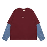 AIDASE  -  American Hip Hop T-shirt Vintage Fake Two-Piece Plaid Long Sleeve Shirt Men Youthful Streetwear Casual Loose O-Neck Top aidase-shop