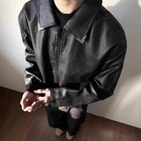 AIDASE  -  Short Black Leather Jacket Men's Spring Autumn Stylish American Retro Crack Texture Pilot Motorcycle Vest Jacket aidase-shop
