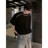AIDASE  -  Men's White Crew Neck T-Shirt with Black Fringe Detail Casual Loose Fit Short Sleeve Top aidase-shop