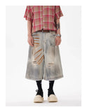 AIDASE  -  Retro Mud Dyed Rust Used in Old Street Hip-hop Wide-leg 7-point Ripped Denim Shorts aidase-shop