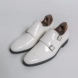 AIDASE  -  Dress Shoes Double Button Low Heel White Loafers Handmade Paty Leather Wedding Shoes Men Leather Formal Business Pointed Shoes aidase-shop