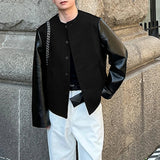 AIDASE  -  Men Jackets PU Leather Patchwork O-neck Long Sleeve Button Male Coats Streetwear 2025 Fashion Casual Jackets Men S-5XL aidase-shop