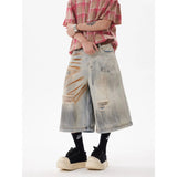 AIDASE  -  Retro Mud Dyed Rust Used in Old Street Hip-hop Wide-leg 7-point Ripped Denim Shorts aidase-shop