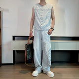AIDASE  -  Denim Men's Sets Round Collar Solid Color Holes Design Single Breasted Sleeveless Vests Pleated Loose Male Jeans New 9W3269