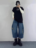 AIDASE  -  Retro Patchwork Wide Leg Jeans orts Men Women Summer New Sle Couple Workwear Denim Seven-Foot Pants Casual Straight Leg Pant aidase-shop