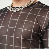 Aidase Plaid Print Mesh T Shirts Men Slim Fit Long Seeve O-neck Tee Tops Summer Casual Mens Perspective Tight T-shirt Streetwear