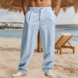 AIDASE  -  Vintage Loose Straight Linen Pants Men Daily Casual Linen Breathable Trousers 2025 Spring Summer Stylish Mens Striped Trousers aidase-shop