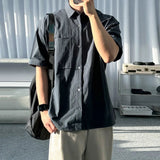 AIDASE  -  Male Shirts Lapel Pocket Design Solid Color Korean Style Summer Short Sleeved Single Breasted Loose Men Tops Simple aidase-shop
